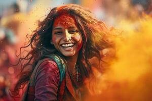 AI generated young beautiful women are enjoying holi festival together, with paint on their faces, paint on the ground, generative ai photo