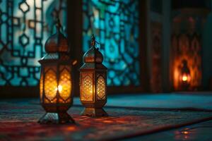 AI generated Ramadan Kareem Arabic lantern with bokeh burning candle glowing at night ai generative photo