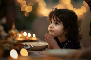 ai generado un niño vestido en Arábica atuendo, practicando el islámico fe, se involucra en oración ai generativo foto