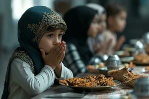 AI generated Muslim children praying while breaking the fast during Ramadan, generative ai photo