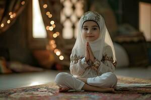 AI generated A child dressed in Arabic attire, practicing the Islamic faith, engages in prayer ai generative photo
