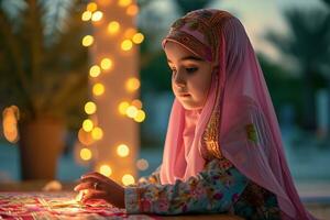 AI generated Muslim beautiful girl wearing hijab and lighting Islamic Arabic lamp at home, generative ai photo