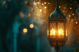 AI generated Ramadan Kareem Arabic lantern with bokeh burning candle glowing at night ai generative photo