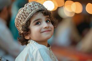 ai generado un hermosa pequeño chico vistiendo tradicional Arábica paño ai generativo foto