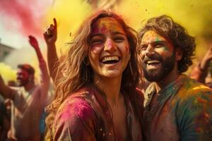 AI generated two young beautiful women are enjoying holi festival together, with paint on their faces, paint on the ground, generative ai photo