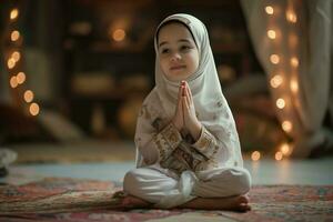 ai generado un niño vestido en Arábica atuendo, practicando el islámico fe, se involucra en oración ai generativo foto
