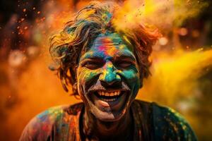 ai generado sonriente hombre en vibrante holi festival retrato con vistoso polvo, generativo ai foto