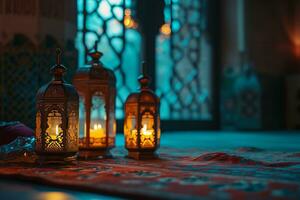 AI generated Ramadan Kareem Arabic lantern with bokeh burning candle glowing at night ai generative photo