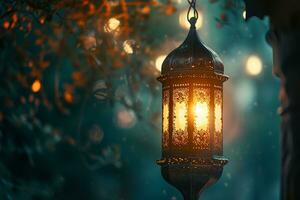 AI generated Ramadan Kareem Arabic lantern with bokeh burning candle glowing at night ai generative photo