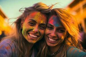 AI generated two young beautiful women are enjoying holi festival together, with paint on their faces, paint on the ground, generative ai photo