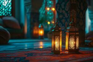 AI generated Ramadan Kareem Arabic lantern with bokeh burning candle glowing at night ai generative photo