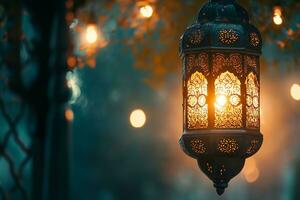 AI generated Ramadan Kareem Arabic lantern with bokeh burning candle glowing at night ai generative photo