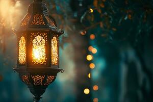 AI generated Ramadan Kareem Arabic lantern with bokeh burning candle glowing at night ai generative photo