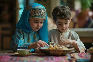 ai generado un joven chico y un joven mujer comiendo iftar en Arábica ropa durante Ramadán ai generativo foto