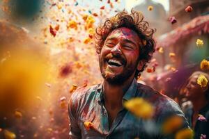 ai generado sonriente hombre en vibrante holi festival retrato con vistoso polvo, generativo ai foto