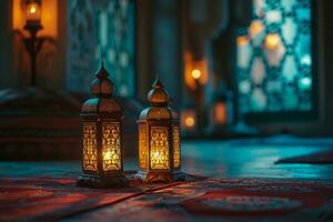 AI generated Ramadan Kareem Arabic lantern with bokeh burning candle glowing at night ai generative photo