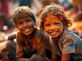 AI generated little kids enjoying Holi festival together,, generative ai photo