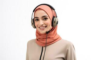 AI generated A Muslim beautiful woman wearing headphones and smiling isolated on white background photo