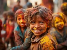 ai generado pequeño niños disfrutando holi festival juntos,, generativo ai foto