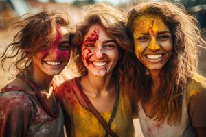AI generated three young women revel in holi joy faces painted generative ai photo