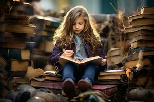 ai generado un niña sentado en un pila de libros foto