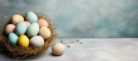 AI generated Easter background with Easter eggs in a nest. Top view with copy space. AI-generated content. photo