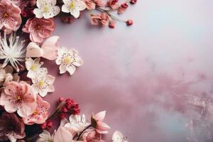 AI generated Spring background with flowers and place for text. Template for cards, invitations. AI-generated content. photo