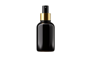 ai gerado Preto garrafa com ouro spray bocal em transparente fundo png