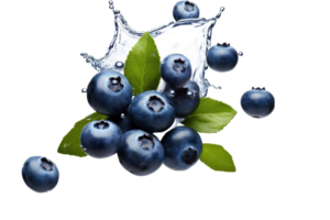 ai generiert Blaubeeren mit Wasser Spritzen auf transparent Hintergrund png