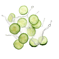 ai gerado pepino fatias dentro água respingo em uma transparente fundo png