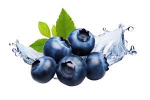 ai generiert Blaubeeren mit Wasser Spritzen auf transparent Hintergrund png