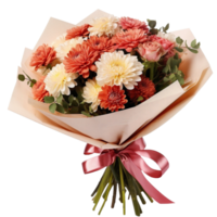 AI generated bouquet of flowers with pink ribbon on transparent background png