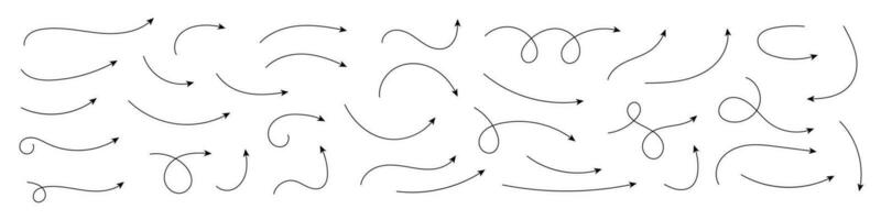 Set of vector curved arrows hand drawn. Sketch doodle style. Collection of pointers.