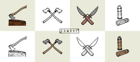 Set of cowboy design elements with axe, bullet, and knife. Various objects. Cowboy theme. Hand-drawn colored Vector set.