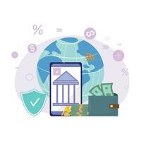 Digital data technology concept. Secure online banking with cellphone, bank building, wallet with money and coins. vector