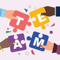 Diverse hands unite puzzles with word team. Unity and trust. vector