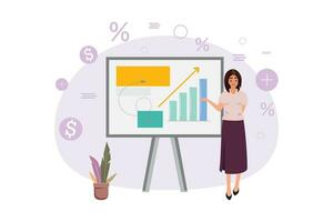 Young woman standing at the white board and having a presentation for business growth, analysis, datas and reports. Vector illustration business, office concept illustration