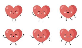 Collection of cute kawaii pink hearts with legs and hands for valentines day. vector