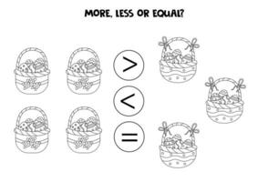 Grater, less or equal with cartoon black and white Easter baskets. vector