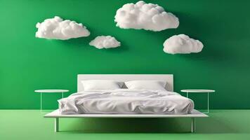 ai gegenereerd sereen minimalistische slaapkamer, wolken en groen video