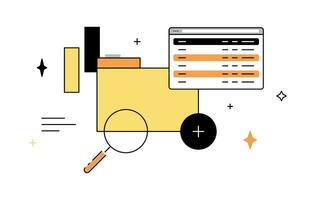 archivo carpeta y datos análisis, datos ciencia, negocio gestión, negocio Finanzas inversión concepto plano vector ilustración.