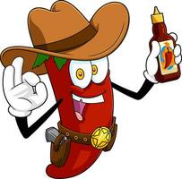 Hot Chili Pepper Cowboy Cartoon Character Present Best Hot Sauce vector