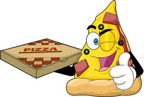 Winking Pizza Slice Cartoon Character Holding Pizza Box And Giving The Thumbs Up vector