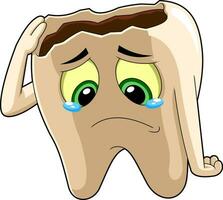 Sick Tooth Cartoon Character With Caries Crying. Vector Hand Drawn Illustration