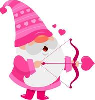 Cute Valentine Gnome Cartoon Character With Bow And Arrow. Vector Illustration Flat Design