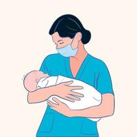 A smiling midwifery holds a newborn baby in her arms. vector