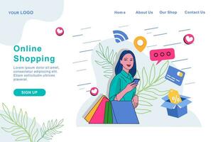 Landing page template of Online Shopping. Online shopping store with mobile, credit cards and shop elements. vector