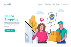 aterrizaje página modelo de en línea compras. en línea compras Tienda con móvil , crédito tarjetas y tienda elementos. vector