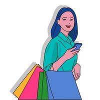 Woman holding multi coloured shopping bags with smartphone. Vector illustration template for Poster, Banner, Flyer, Card, Post, Cover. Online shopping store on website and mobile phone design.