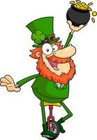 Lucky Leprechaun Cartoon Character On Unicycle With A Pot Of Gold vector